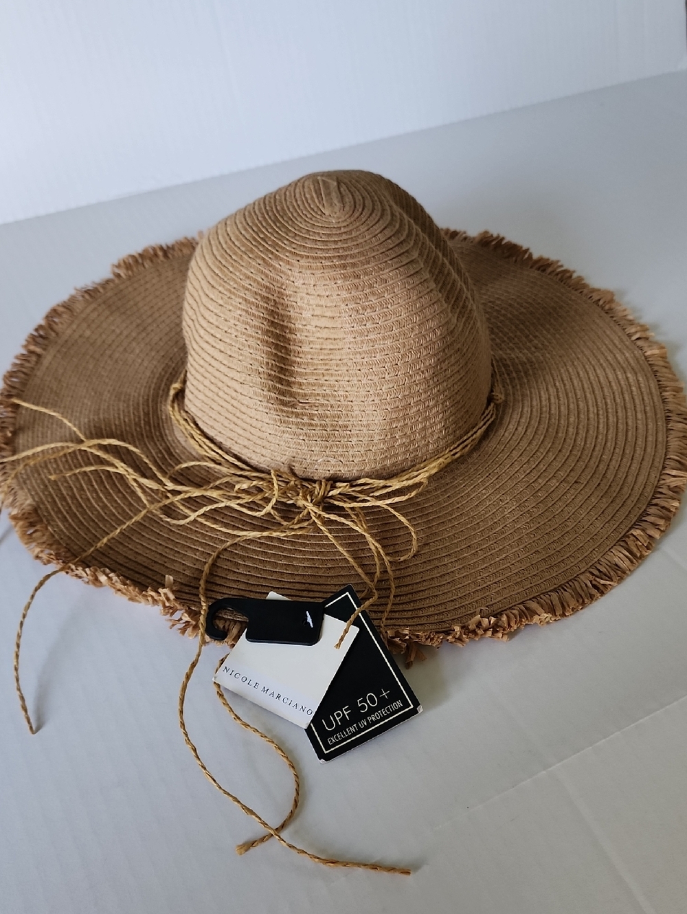 Woven Straw Chic Boho Wide Brim Sun Hat with Braided Tie Accent Tan